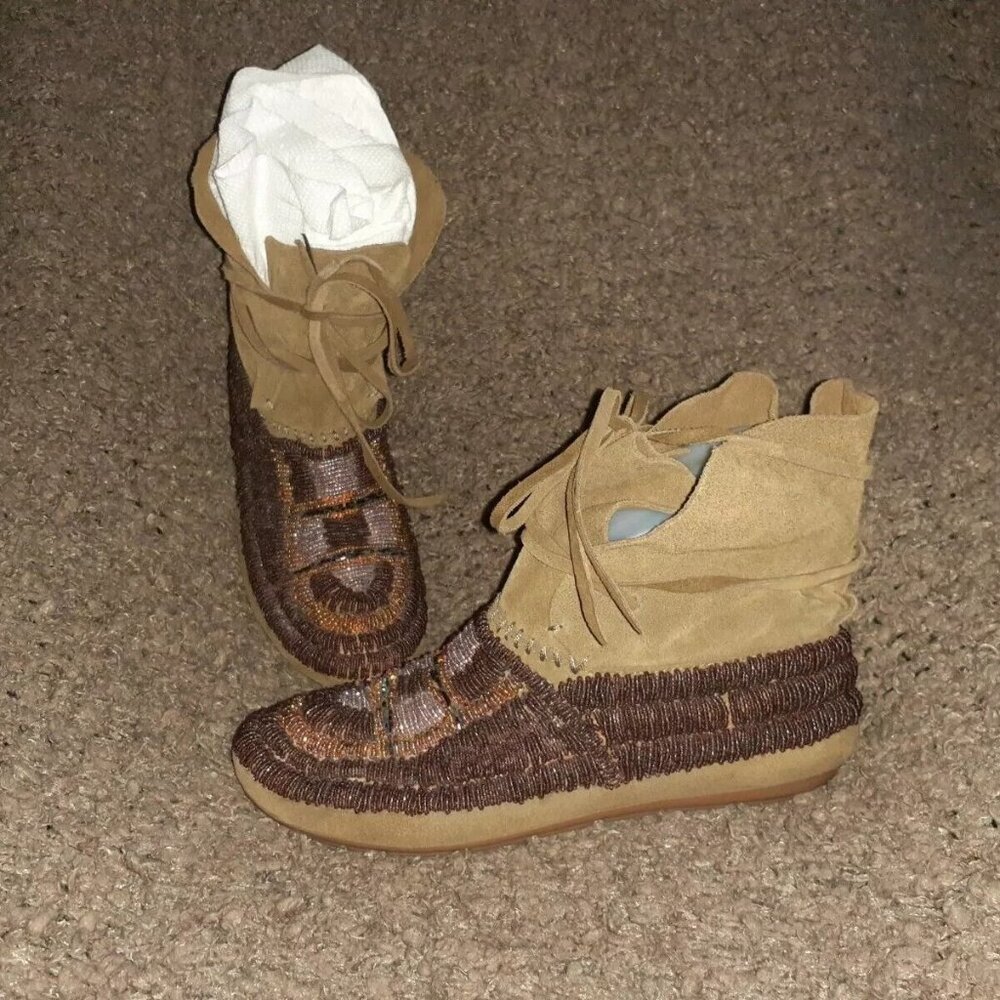 HOUSE OF HARLOW 1960-Maddie-Beaded Suede Moccasin Booties-36.5-Excellent
